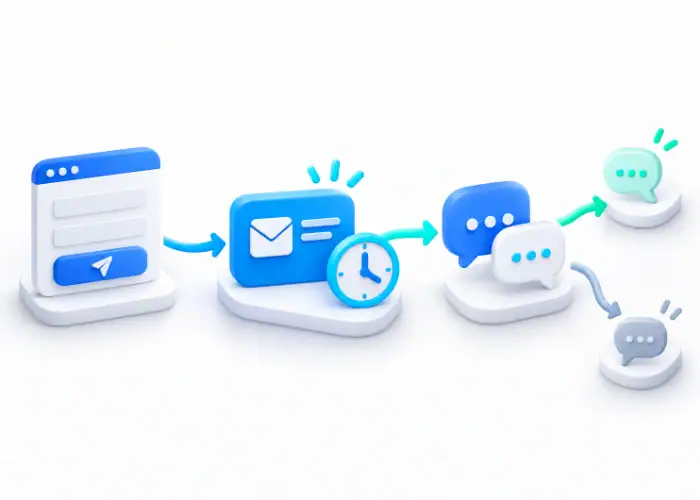 Modulo online, messaggio e conversazioni che rappresentano la gestione dei lead dopo il contatto